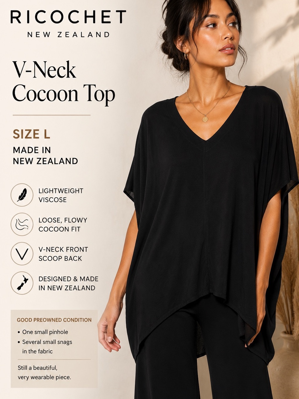Ricochet New Zealand Black V Neck Oversized Draped Cocoon Top Size L